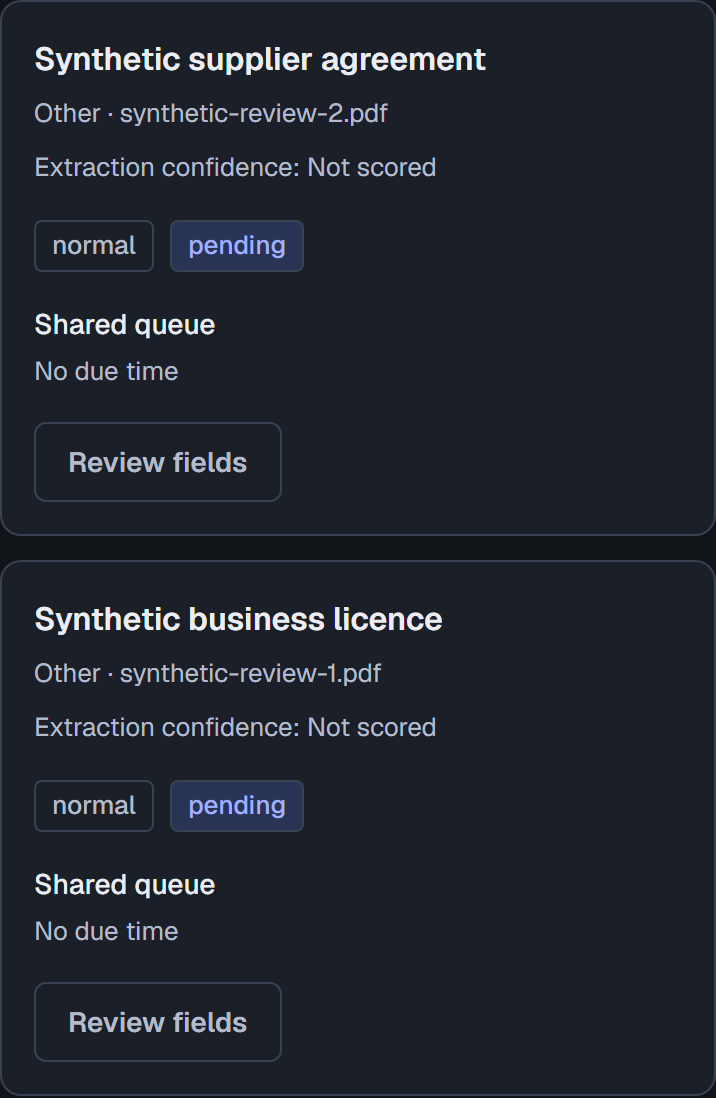 Two synthetic documents waiting for review, with source filenames, pending states and review actions